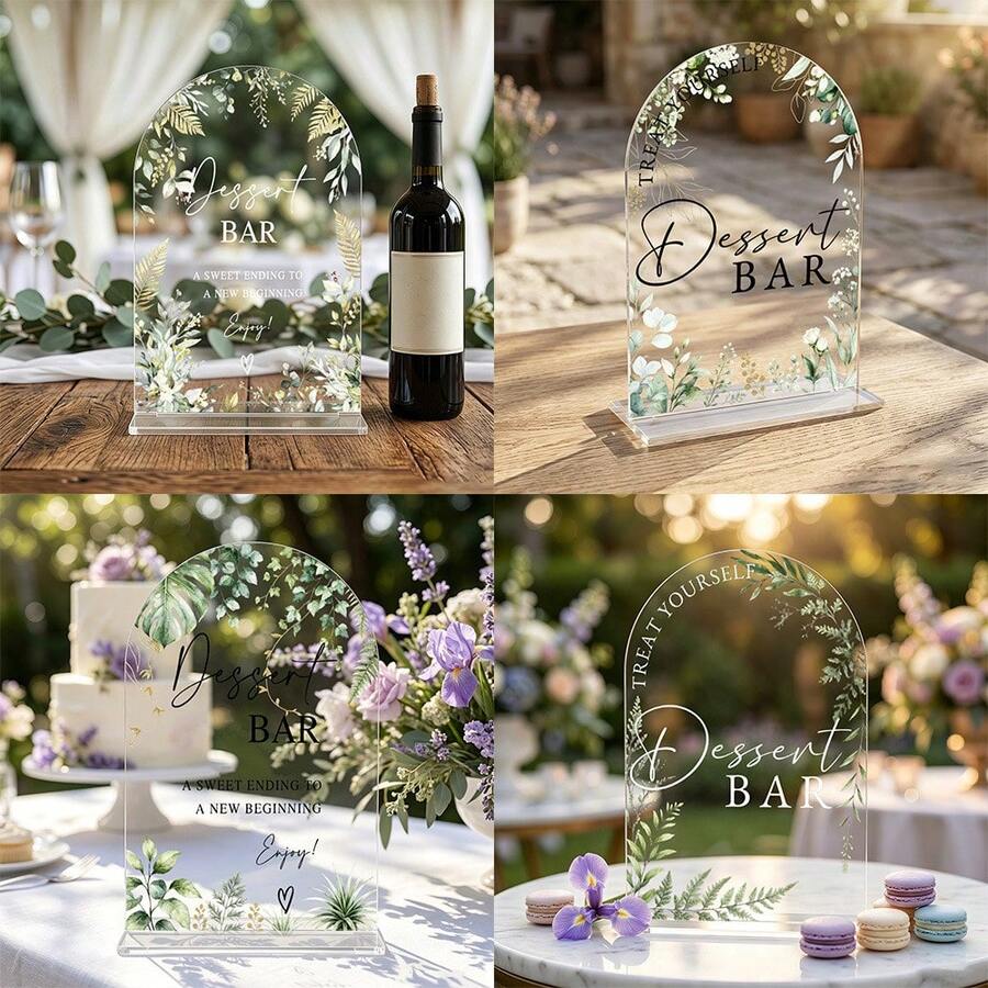Bohemian Style Greenery Acrylic Dessert Table Sign, Arched Transparent Table Sign, Exquisite Desktop Decor Gift, For Wedding, Engagement Party Decoration - A - View 1