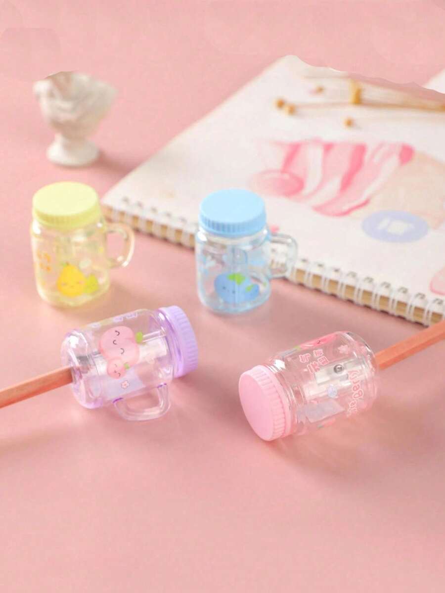 1pc/3pcs/5pcs Creative Pearl Milk Tea Cup Pencil Sharpener, Single Hole, Easy To Sharpen, Metal Blade, ABS Plastic, Scratch-Resistant, Transparent Debris Collection Box, Designer Style - Multicolor - View 1