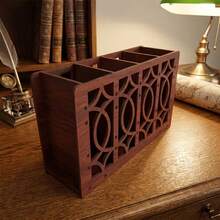 1pc 4-Compartment Wooden Hollow Floral Pattern Double-Sided Wood Grain Theme Remote Control Box, Pen Holder And Other Items Desktop Storage Box. Suitable For Kitchen And Home Decor Large Storage Space. Harvest Gift, Small Gift For Colleagues, Holiday Gift - Redwood - View 6