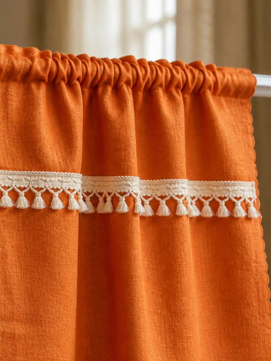 1pc Pumpkin-Colored, Two-Tone Fringed Fall Decorative Sheer Curtains-Let Light Through But Keep Privacy Intact. Ideal For Bedrooms, Cabinets, Open Shoe Racks, And Wardrobes To Keep Dust Out And Hide Imperfections. Polyester Short Curtains. - Burnt Orange - View 1