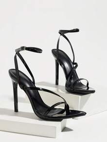 Women's High Heel Sandals, Spring/Summer Night Party Outdoor Fashion High-End Banquet Bag Cloth Thin High Heel Pointed Toe Shiny Cross Strap Design With Plain Finish, High-Quality Soft Mirror Fabric, Sexy Ankle Strap With Adjustable Buckle, Elegant Fashion Comfortable For Any Formal Occasion, Shoes For Outdoor Wear, Minimalist Versatile For Dresses And Skirts, Valentine's Day Date, Party, Office, Daily Commute, Stable High Heels For Women - Black - View 6