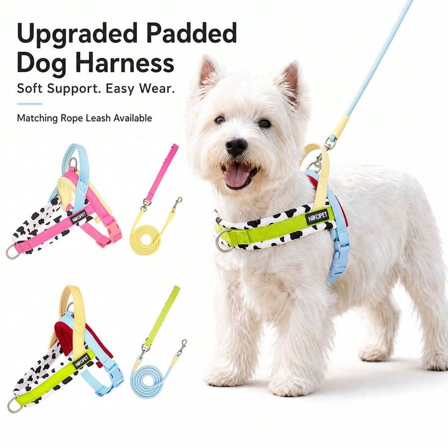 1PC New Cow Print Color Block Saddle Style Pet Dog Harness And Leash Set, Easy To Put On And Take Off, Comfortable Lining, Adjustable Size, Integrated Anti-Pull Handle, Matching Pattern Leash, Fashionable And Cute, Durable Polyester Material, Suitable For Small And Medium Dogs, Perfect For Daily Walks, Outdoor Hiking, Camping And Picnics