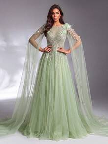 IBTRLY Spring/Summer New Elegant Luxury Green Sequin Beaded Floral Decor High Slit Mesh Formal Evening Gown Suitable For Party, Wedding, Graduation, Birthday, Celebration, Prom, Homecoming, Vacation, Date - Green - View 4