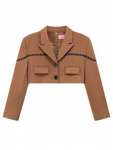 CHUU Letter Embroidered Short Blazer Women's Autumn Colorblock Patchwork Zipper Jacket - Coffee Brown - View 9