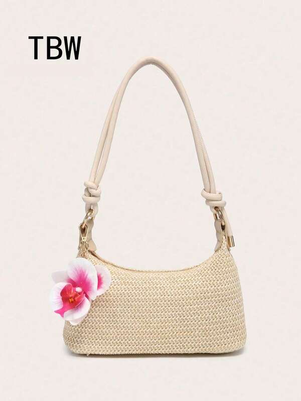 Women's Underarm Shoulder Bag, PU Rope Flower Pendant, Large Capacity, Lightweight, Casual Fashionable Beach Vacation Style,Straw Bag