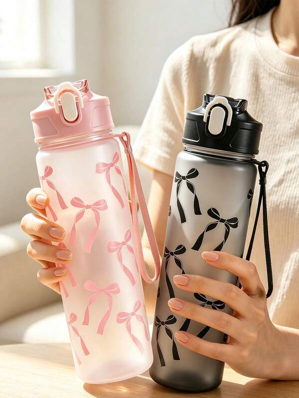 800ml Cute Bow Print Frosted Plastic Water Bottle, Portable Leak-Proof Flip Lid Water Cup With Strap, Suitable For Women, Sports, Travel, Daily Use Large Capacity Water Bottle, Outdoor Garden Decor, Room Decor, Teacher Gift, Wedding Decor, Holiday Accessory, Garden, DIY, Bedroom Decor, Kitchen Decor, Dorm Essential, Storage Room, Travel Essential, Bachelorette Party Supplies, Office Desk Accessory, Autumn Home Decor, Home Supplies, Family Essential, Gift For Women, Gift For Men