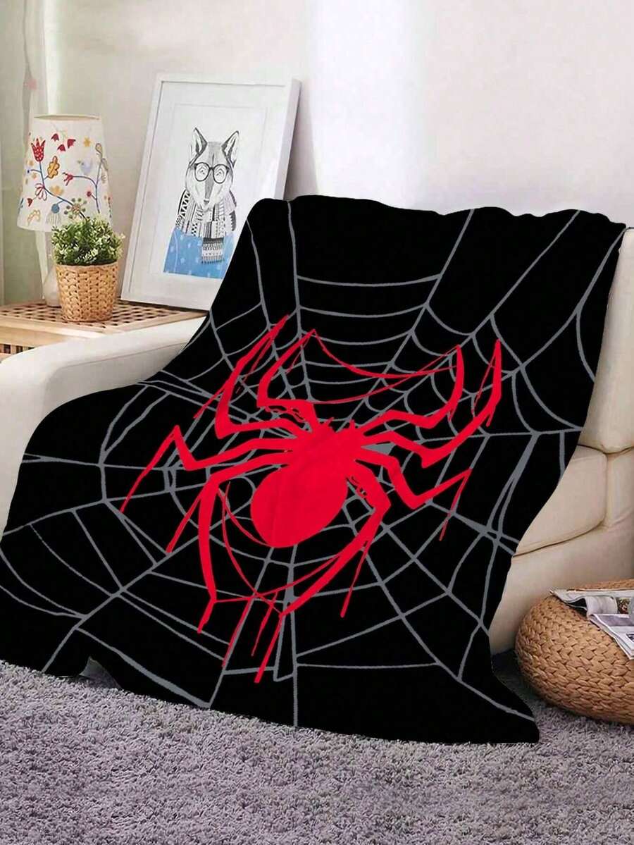 1PC Black Background Red Spider Spider Web Dark Style Flannel Blanket, Base Color Matched With Grey Spider Web Outline And Dripping Effect Red Large Spider Pattern, Niche Personalized Design, Soft And Smooth Flannel Fabric, Suitable For Sofa Decorative Throw, Gaming Room Atmosphere Soft Decor, Bedroom Nap Warm Blanket, Dark Style Creative Gift - Multicolor - View 1
