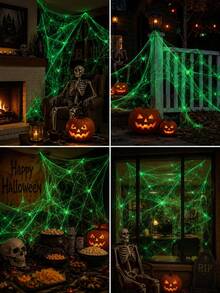 Halloween Fluorescent Spider Web Decoration: Stretchable Artificial Spider Web And Fluorescent Spider, Suitable For Indoor And Outdoor Use, Including Entrance, Porch, Patio, Garden, Lawn And Halloween Party - Multicolor - View 5