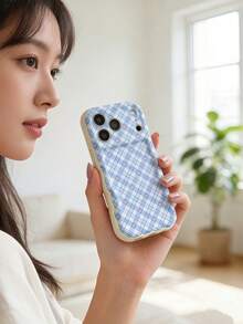 Creamy Dopamine Wave Ruffle Soft TPU Texture, Ins Korean Style Blue Plaid Heart Phone Case, Glossy Wave Frame Fresh Gentle Phone Cover Compatible With Galaxy S21 S22 S23 S24 S25 S26//Honor// And Other Models - White - View 4
