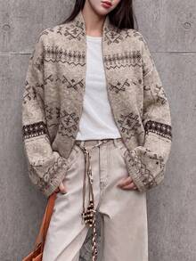 Women's New Autumn Designer Style Vintage Floral Pattern Cardigan Sweater - Khaki - View 3