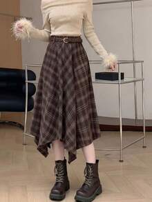 Elegant Women's Mid-Length Asymmetric Plaid Skirt, Woven Non-Stretch Fabric, Creating Fashionable Autumn Outfit - Coffee Brown - View 8