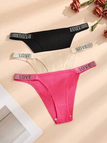 HOTCOM 3pcs Solid Color LOVE Jacquard Rhinestone Ribbed Cotton Women's Triangle Panties Mature Sexy Ladies Underwear - Multicolor - View 4