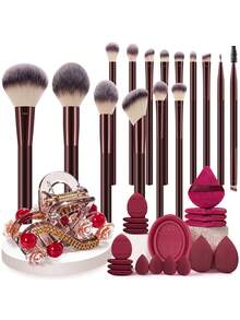 35 Pcs Wine Red Makeup Tool Set, 15 Soft Gradient Flat‑Top Makeup Brushes With 20 Matching Accessories, Contains Makeup Sponges, Powder Puffs, Eyelash Curler, Brush Cleaner And Decorative Pearl Flower Hair Clips For Daily Styling. - Multicolor - View 13