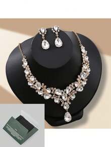 Bộ 1 dây chuyền và bông tai thời trang phong cách phóng khoáng đính pha lê, kim loại đính đá rhinestone toàn bộ, phù hợp làm phụ kiện cho váy cưới cô dâu và đầm dạ hội - trắng - Xem 12