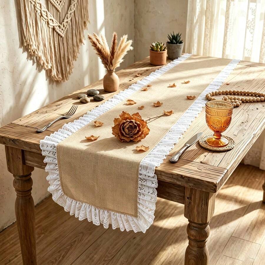 1pc Vintage Lace Trim Burlap Table Runner, Rustic Dining Table Decor, Wedding Party Atmosphere Long Tablecloth, American Farmhouse Style Dining Table Cover, Banquet Wedding Tabletop Decoration, Dining Table Coffee Table Decorative Tablecloth - Camel - View 1
