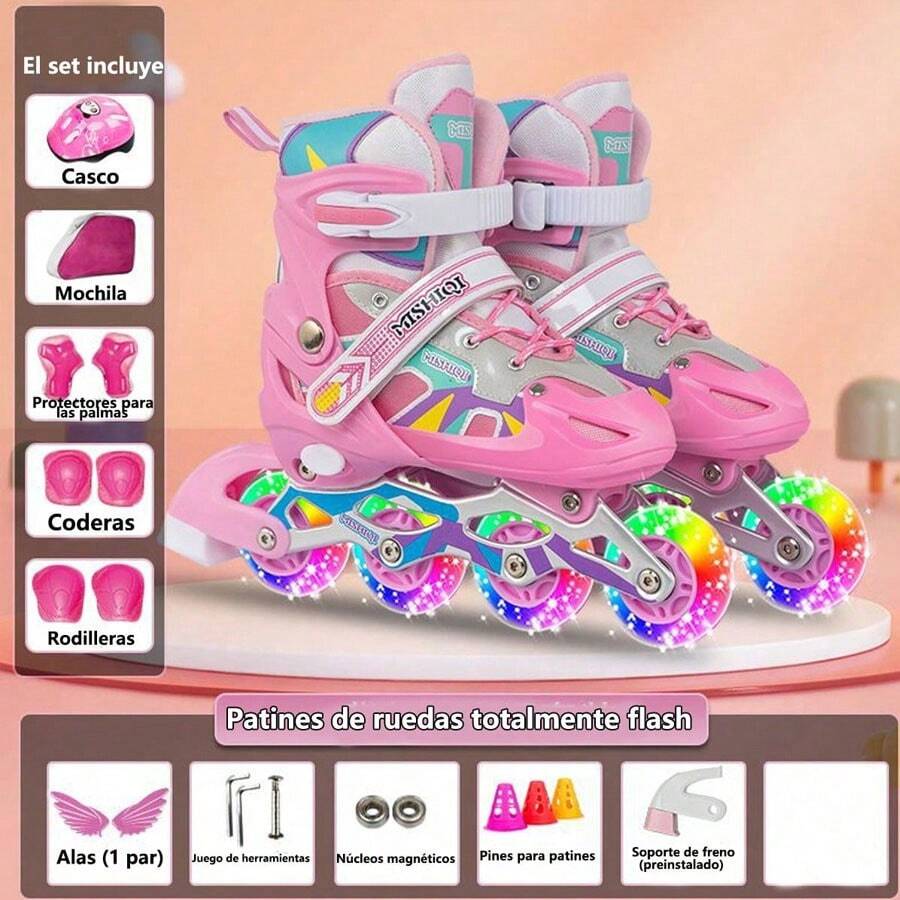 Patines de ruedas de dos hileras, patines de ruedas ajustables para niños de tamaño de cuatro ruedas - Rosa Roja - Ver 1