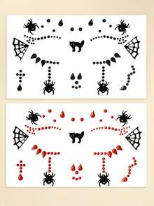 2 miếng dán đá rhinestone Halloween đen + đỏ lớn & nhỏ hình tròn & hình giọt nước với nhện, mèo, mạng nhện, trang trí mặt 3D cho trang điểm Halloween, tiệc, vũ hội, trang trí mặt & cơ thể - Nhiều màu - Xem 11