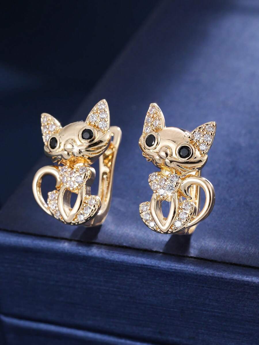 1 Pair Creative Cat Shaped Copper Material Zirconia Inlaid Women's Earrings, Daily Commute, Party, Gathering Accessories - Earrings - View 1