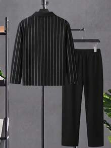 Setelan 2 Potong Pria Ukuran Besar, Warna Polos Musim Gugur, Kain Bertekstur, Kasual, Kemeja Polo Lengan Panjang dan Celana Ukuran Besar - Hitam - View 3