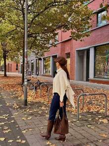FOR BEAUTY Fall Winter Y2K Elegant Casual Beige Knit Poncho Sweater Women Asymmetric Top Going Out Party Vacation Concert Outfits - Apricot - View 10