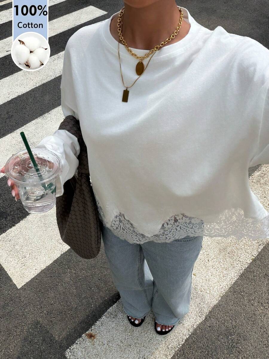 女款 100% 純棉寬鬆大尺碼長袖 T 恤，休閒圓領毛邊蕾絲拼接基礎款白色上衣 - 白色 - 查看 1