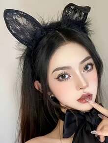 2pcs Dress Up Headbands, Cute Plush Rabbit Ear Design Hair Accessories, Black And White Lace Headbands, Suitable For Women's Daily Wear - Multicolor - View 2