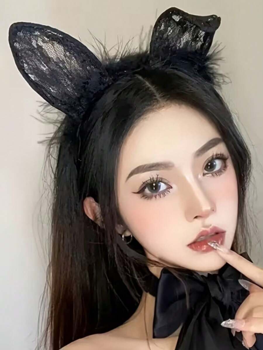 1pc Cute Plush Rabbit Ear Headband With Lace Decor, Black And White, Suitable For Women's Daily Wear - Multicolor - View 1