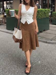 YIU Women's Brown Suede A-Line Skirt, Knee Length Slightly Elastic Casual Elegant Autumn Commute Date Daily Wear - Brown - View 8