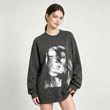 American Retro High Street Concert Digital Print Breathable Pure Cotton Long And Short Sleeve Sweatshirt - 灰色 - 查看 1