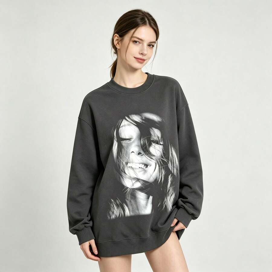American Retro High Street Concert Digital Print Breathable Pure Cotton Long And Short Sleeve Sweatshirt - 灰色 - 查看 1