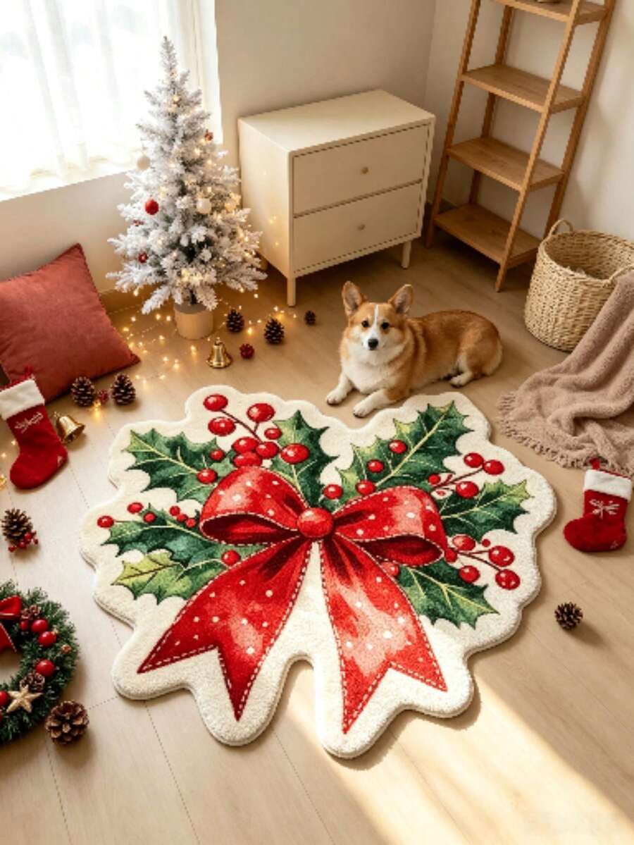 1pc Christmas Red Bow Decor Rug, Doormat, Small Rug, Welcome Mat, Carpet, Floor Mat, Outdoor Doormat, Kitchen Rug, Home Decor, Front Door Mat, Area Rug, Outdoor Mat, Home Decor, Area Carpet, Garden Rug, Washable Rug - Multicolor - View 1