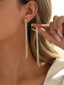 1 Pair Minimalist Blue Rhinestone Tassel Earrings Suitable For Women's Party, Evening Banquet, Stage Performance, Music Festival And Other Occasions - White - View 5