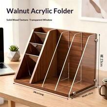 1pc Wooden Acrylic File Organizer, Desktop Vertical Document Holder, Suitable For Office And Home Study To Store Notes And Bills, Office File Classification Rack, Desktop Stationery Organizer, Multi-Compartment Folder Storage Rack - Multicolor - View 5