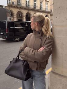 女款棕色千鳥格立領前扣式寬鬆短版羊毛混紡夾克，長袖復古法式休閒街頭風 - 棕色 - 查看 7