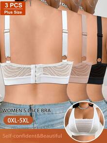 3pcs/Set Bra Kasual Nyaman Minimalis Ukuran Besar Wanita Motif Renda Patchwork Tanpa Kawat Lembut - MultiWarna - View 3