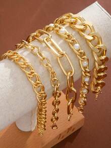 5pcs Minimalist Punk Style Thick Chain Bracelet Set, Metal Chain With Rope, Snake, Twisted Design Multi-Layer Bracelets, Women's Holiday Date Daily Wear Gift - Gold 4 - View 5