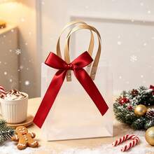 2/10/20pcs Set (Bag + Ribbon) - Transparent Frosted Plastic Gift Bag With Handle 7.9x5.9 Inches (Approx. 20X15X7cm), Reusable, With Ribbon Bow, Transparent Gift Packaging Bag, Suitable For Wedding, Birthday, Baby Shower (Red) - View 6