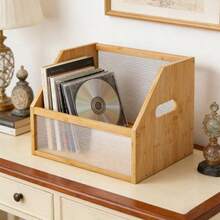 1/2/3pcs Natural Bamboo Desktop Storage Organiser Box With Fluted Transparent Front Panel, Portable Carry‑Handle Slant‑Top Storage Container For CD, Books, Office Supplies Home Desk Organisation - Multicolor - View 8