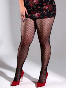 1pc Women's Plus Size Fishnet Tights, Small Square Jacquard Pantyhose, Sexy Fashion Fishnet Stockings, Geometric Pattern Y2K Gothic Style Leggings, Suitable For Halloween, Christmas, Party, Daily Wear Black Silk Stockings - Black - View 2