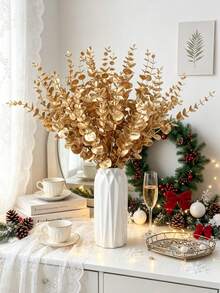 10/50/800pcs 14.96 Inch Artificial Eucalyptus Stems, Eucalyptus Branches, Wedding Bouquet, Home Decor, Christmas Home Decor, Living Room Bedroom Decor, Holiday Birthday Party Accessories, Christmas Decorations - Gold - View 9