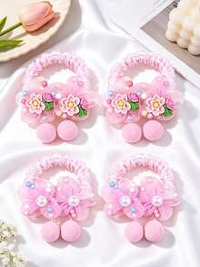 4pcs Girls Pink Flower Pom Pom Pendant Cute Hair Ties Suitable For Daily Use - Multicolor - View 10