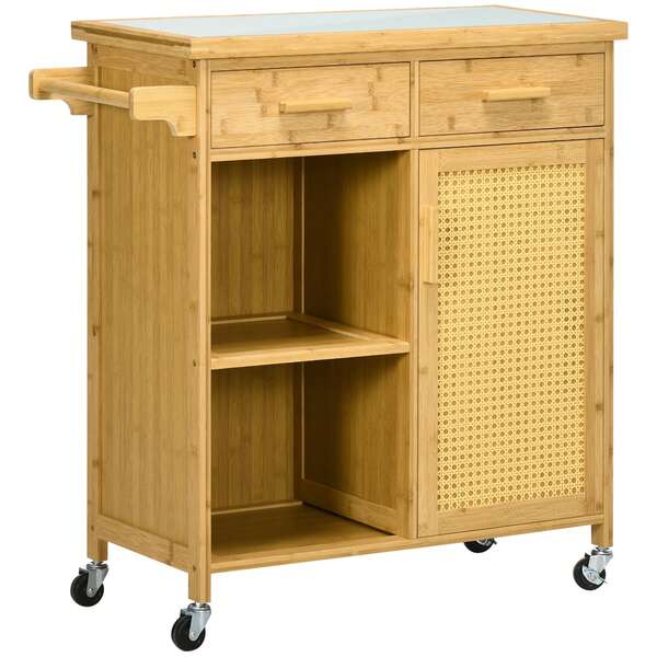 Küchenwagen Servierwagen Mit Schublade, Schrank, Offenen Ebenen, Handtuchhalter, Arbeitsplatte, Bambus, Natur