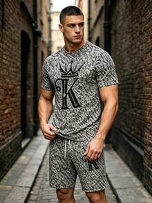 Men's Crown & Letter K Print Round Neck Short Sleeve T-Shirt And Drawstring Shorts Set, Comfortable Summer Outfit - Multicolor - View 1