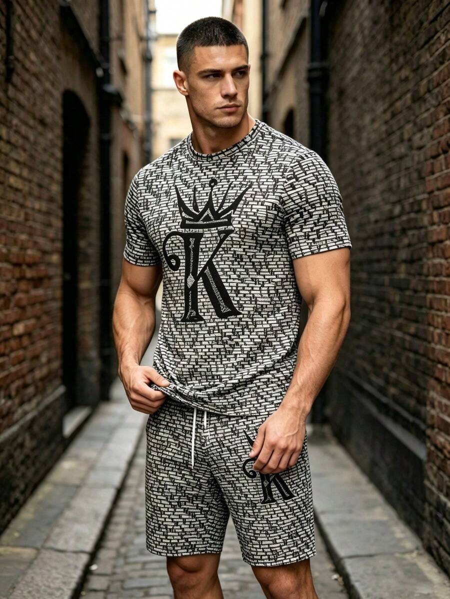 Men's Crown & Letter K Print Round Neck Short Sleeve T-Shirt And Drawstring Shorts Set, Comfortable Summer Outfit - Multicolor - View 1