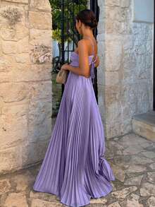Women's Sleeveless Backless Spaghetti Strap Pleated Bust Long Cocktail Dress - Purple - View 3