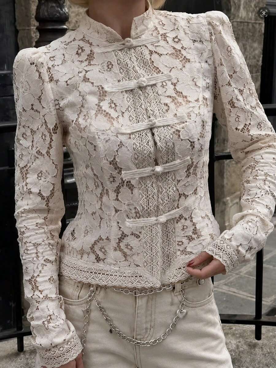Blus Wanita Kasual Serbaguna Motif Bunga Jala Renda Musim Semi/Gugur dengan Lengan Panjang Mengembang dan Kancing Depan, Cocok untuk Acara Santai dan Jalan-jalan, Kemeja Wanita Elegan - Putih - View 1