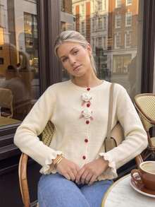 Women's Cute Knitted Cardigan, Long Sleeve Ribbed Asymmetric Hem Top With Heart-Shaped Buttons And Ruffle Trim, Casual Autumn/Winter Outfit - Apricot - View 2