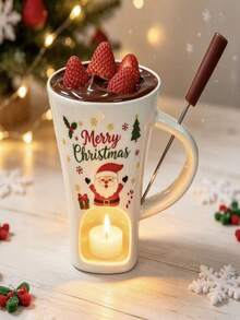 Christmas Ceramic Chocolate Fondue Cup Set With Tea Candle Holder And Forks, Santa Claus Reindeer Tree Pattern Heat-Resistant Hot Chocolate Melting Pot, Holiday Dessert Dipping Bowl For Strawberries Marshmallows, Christmas Party Tableware Gift - Multicolor - View 7