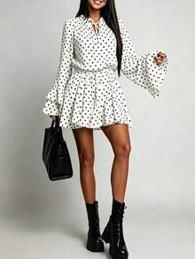 White Polka Dot Chiffon Dress, V-Neck Long Sleeve Skirt, Fitted Silhouette, Elegant For Spring Vacation - White - View 2
