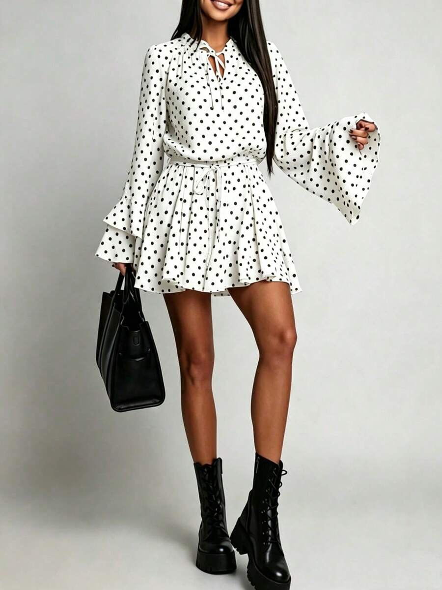 White Polka Dot Chiffon Dress, V-Neck Long Sleeve Skirt, Fitted Silhouette, Elegant For Spring Vacation